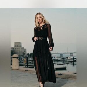 Black‎ Commense Ruffled Chiffon Semi-Sheer Long Sleeve Dress XS